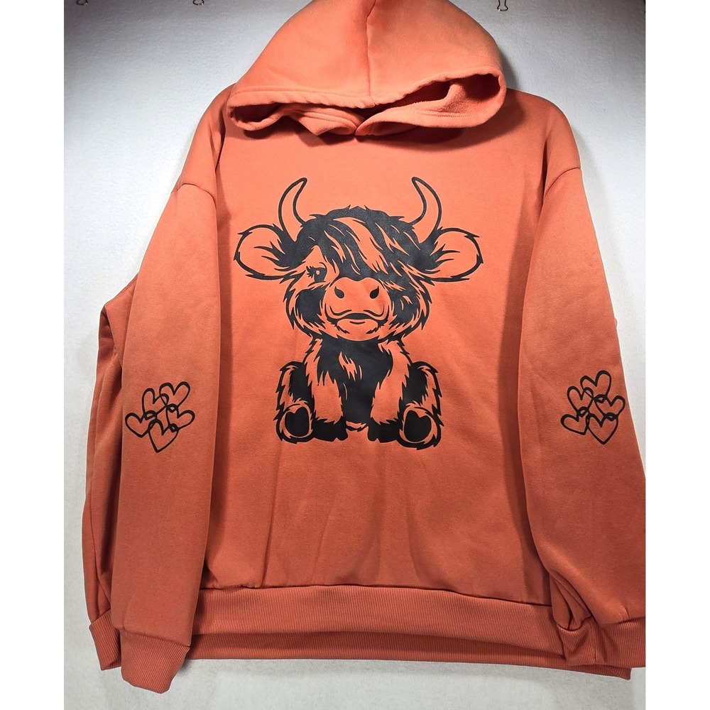 Shein Curve Highland Cow Graphic Hoodie Orange Plus Size 4XL Sweatshirt Heart
